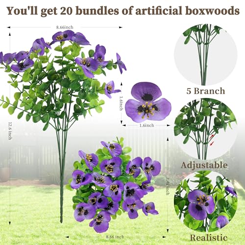 ColoPlay 20 Bundles Artificial Fake Pansy Flowers for Outdoor - Yellow, White, Purple, Sunset red & deep pink Faux Pansies Flowers, Fake Flowers for Outdoor Planters, Porch, Garden, and Home Decoration - Image 2