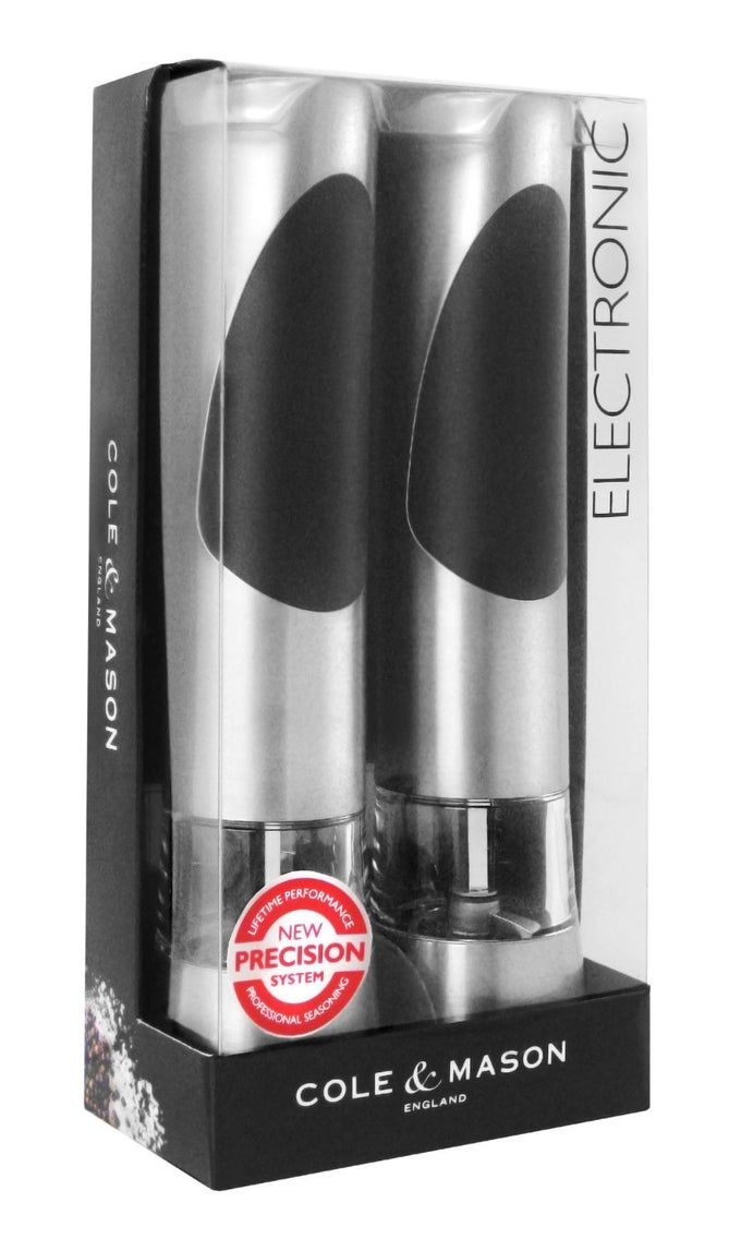 COLE & MASON Richmond Electronic Salt & Pepper Mill Gift Set One-Button Electric Spice Grinder with Large Grinding Chamber Requires 6 AAA Batteries Hand Wash Kitchen Tool Stainless Steel - Image 1