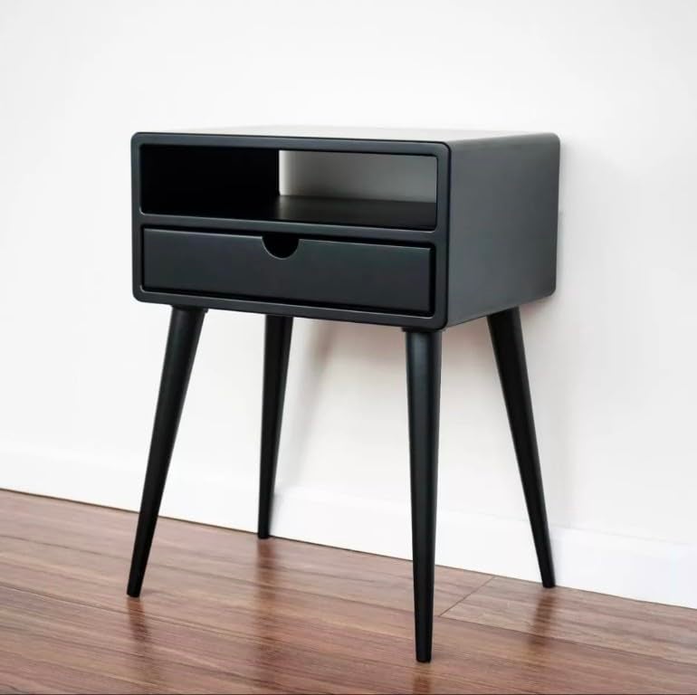IThree I ThreeModern Nightstand with Storage Drawer Black Side Table with Open Shelf MidCentury Bedside Table - Image 2