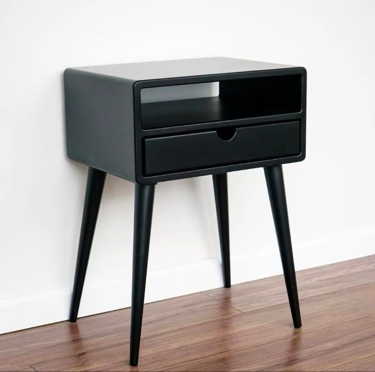 IThree I ThreeModern Nightstand with Storage Drawer Black Side Table with Open Shelf MidCentury Bedside Table - Image 4