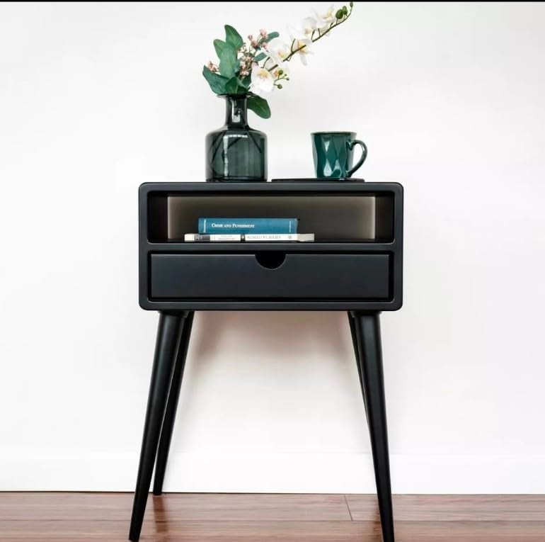 IThree I ThreeModern Nightstand with Storage Drawer Black Side Table with Open Shelf MidCentury Bedside Table - Image 1