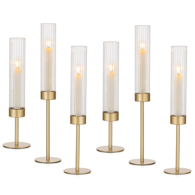 GOLD HURRICANE CANDLE HOLDERS BRASS CANDLESTICK HOLDERS SET OF 6 TALL TAPER CANDLE HOLDERS FOR CANDLESTICKS CANDLE STICKS HOLDER DECOR FOR TABLE CENTERPIECE WEDDING PARTY CHRISTMAS DECORATIONS