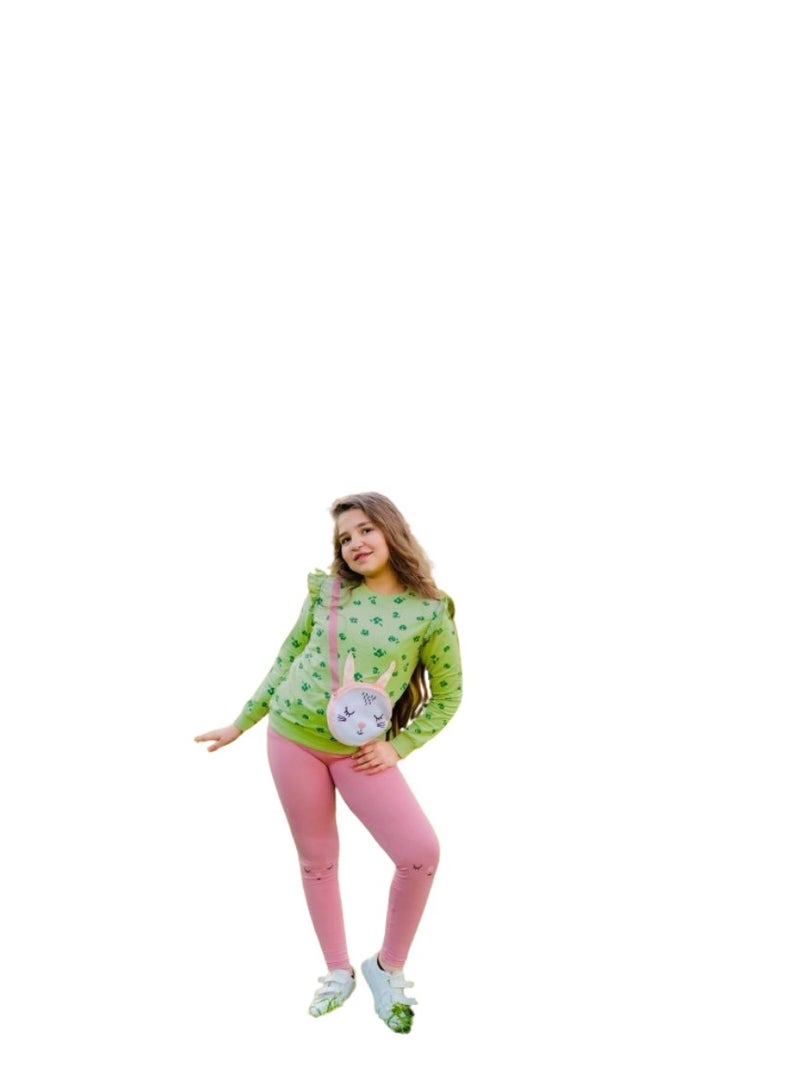 Girls set, olive T-shirt and pink pants - Image 2