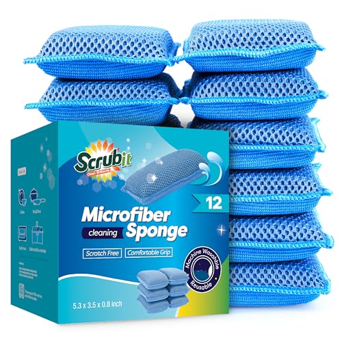 SCRUBIT Reusable Sponges for Dishes 12 Pack Microfiber Sponges Kitchen Dish Scrubber Machine Washable NonScratch Scrubbers Blue - Image 2