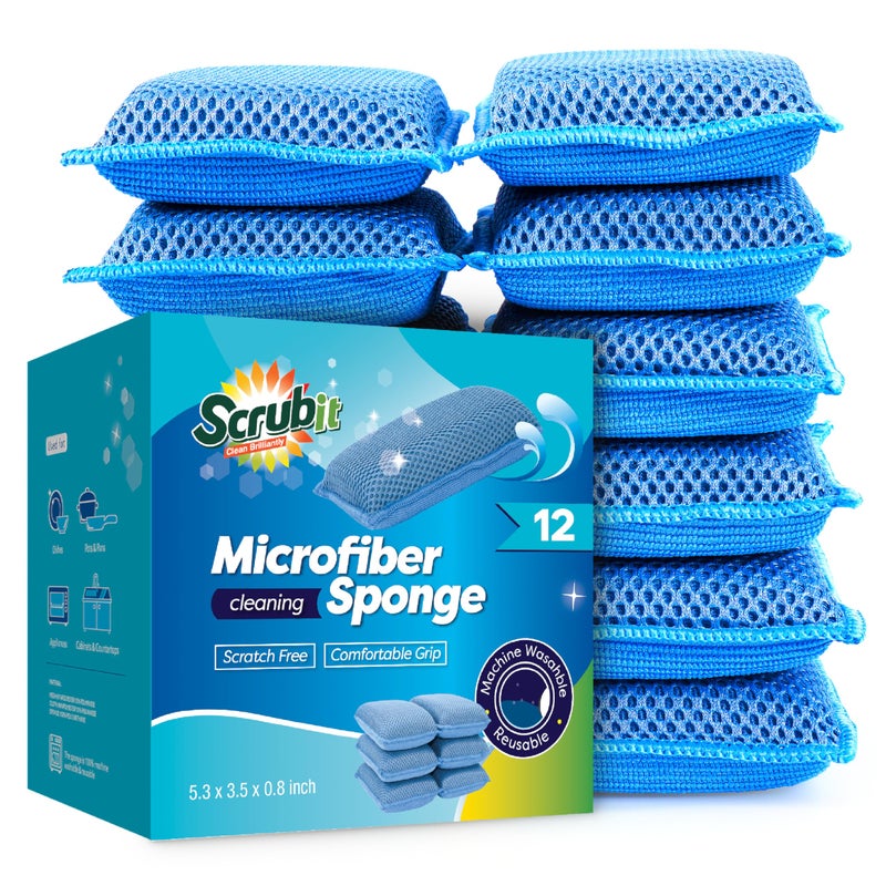 SCRUBIT Reusable Sponges for Dishes 12 Pack Microfiber Sponges Kitchen Dish Scrubber Machine Washable NonScratch Scrubbers Blue - Image 3
