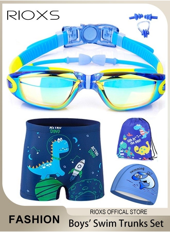 RIOXS Boys' Swimming Set,Short Swim Trunks And Swim Cap,Anti-Fog Wide View Swimming Goggles With Nose Clip Ear Plugs Goggle Case,Complete Swimwear Kit For Little Kids Boys 3-15 Beach Pool Hawaii  - Image 1