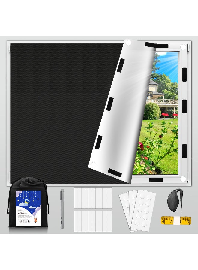 Blackout Blinds 300x145cm, Blackout Curtains for Bedroom, Cuttable Temporary Blackout Shades Film with 20 Hook and Loop Straps, 30 Nano Stickers for Baby Room, Travel Rv, Dorm or Office