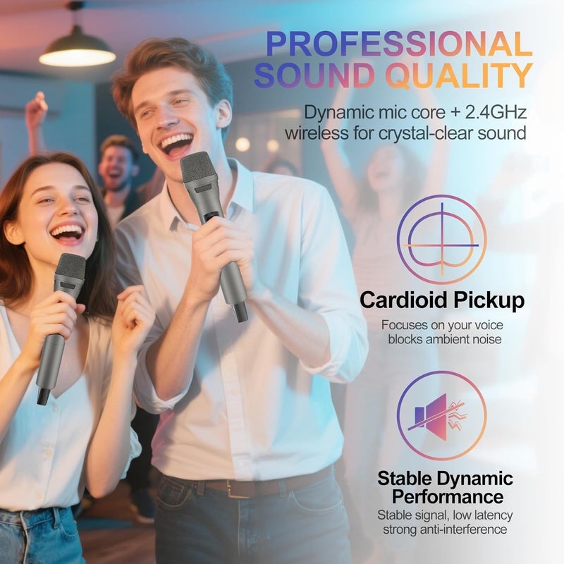 ميكروفون اللاسلكي للكاريوكي، ميكروفون ديناميكي لاسلكي قابل لإعادة الشحن بتردد 2.4 جيجاهرتز ومستقبل لاسلكي لآلة الكاريوكي، الكنيسة، الدي جي، الخطابة، حفلات الزفاف، الغناء في الحفلات، البث الصوتي، رمادي - Image 2