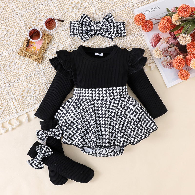 Giraropa Baby Girl Fall Winter Clothes Long Sleeve Romper Dress + Socks + Headband Newborn Infant Cute Casual Outfits (Black, 0-3 Mnths) - Image 2