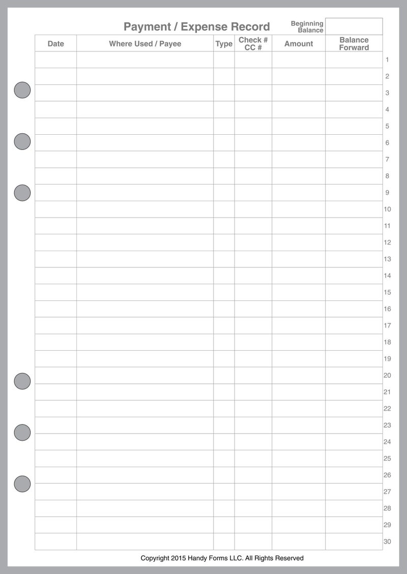 Handy Forms A5 Size Payment/Expense Record and Check Register Pages, Sized and Punched for 6-Ring A5 Notebooks by Filofax, LV (GM), Kikki K, TMI, and Others. Sheet Size 5.83" x 8.27" (148mm x 210mm) - Image 1