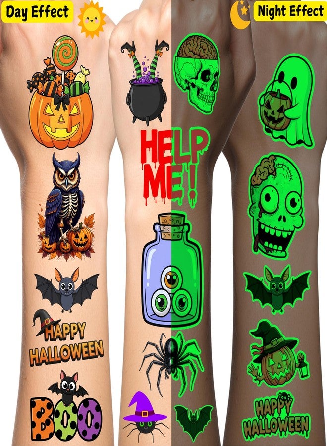 Backtopeia Glow In Dark Halloween Temporary Tattoos | Luminous Halloween Decorations Accessories Party Favors Supplies Trick Or Treat Décor Skull Skeleton Pumpkin Bat Owl Ghost Gift Idea For Kis Teen Adult-60Pcs - Image 2