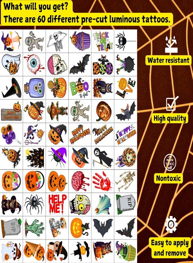 Backtopeia Glow In Dark Halloween Temporary Tattoos | Luminous Halloween Decorations Accessories Party Favors Supplies Trick Or Treat Décor Skull Skeleton Pumpkin Bat Owl Ghost Gift Idea For Kis Teen Adult-60Pcs - Image 4