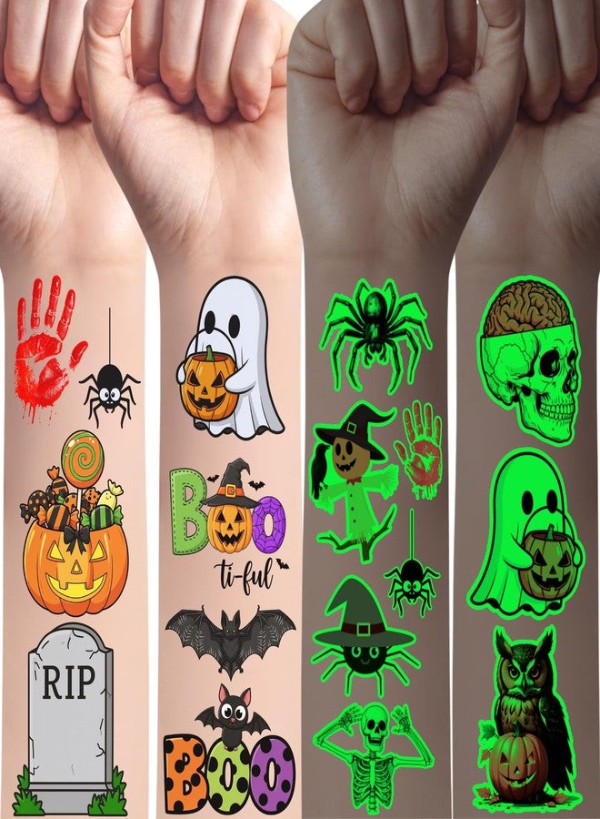 Backtopeia Glow In Dark Halloween Temporary Tattoos | Luminous Halloween Decorations Accessories Party Favors Supplies Trick Or Treat Décor Skull Skeleton Pumpkin Bat Owl Ghost Gift Idea For Kis Teen Adult-60Pcs - Image 1