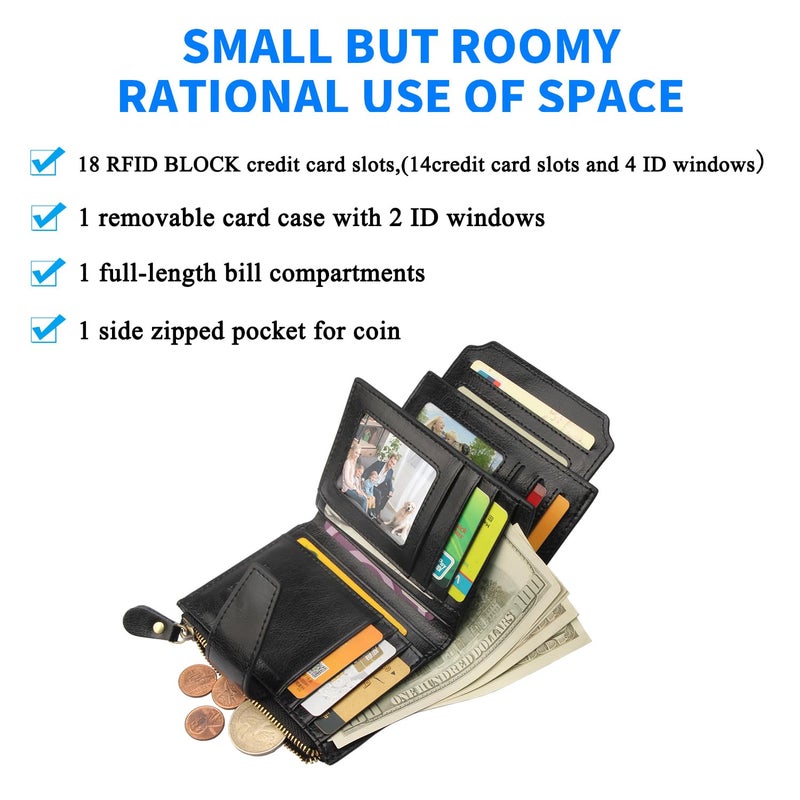 FT FUNTOR Small Wallet for Women Genuine Leather Bifold Compact RFID Blocking Zipper Pocket Ladies Credit Card Slots Purse with ID Window - Image 2