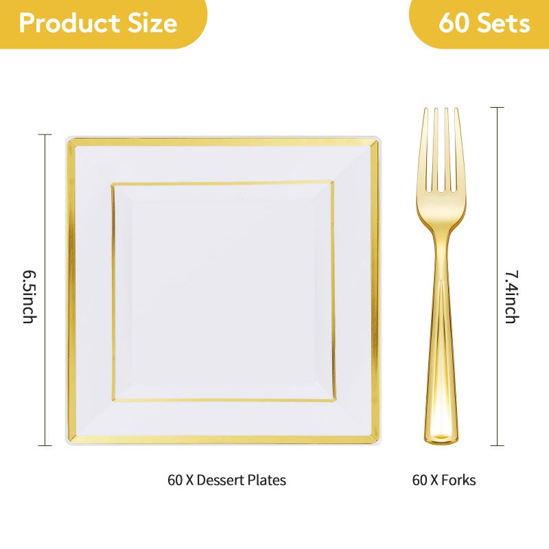 Goodluck 120PCS 6.5" Square Gold Dessert Plastic Plates with 7.4" Forks, Gold Appetizer Plates for 60 Guests, Including 60 Disposable Cake Plastic Plates and 60 Forks for Wedding/Birthday Party - Image 4