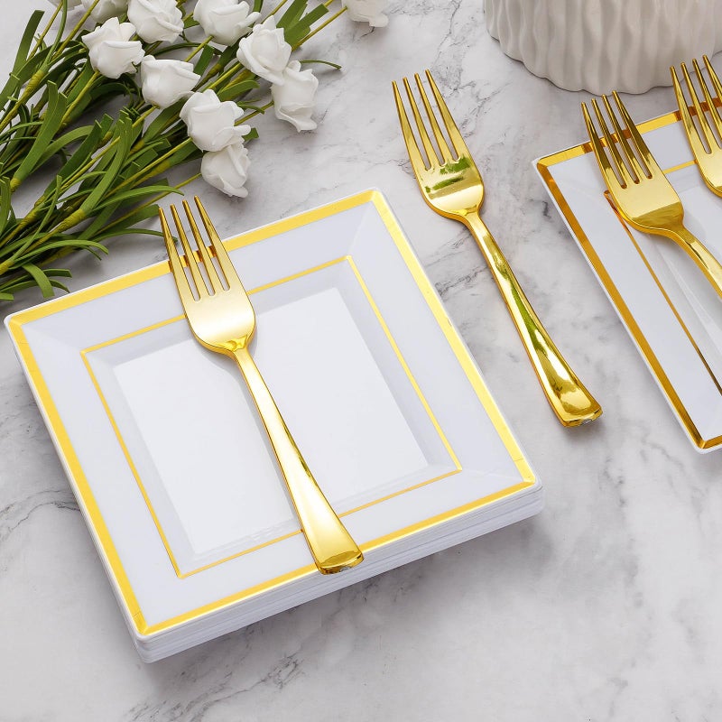 Goodluck 120PCS 6.5" Square Gold Dessert Plastic Plates with 7.4" Forks, Gold Appetizer Plates for 60 Guests, Including 60 Disposable Cake Plastic Plates and 60 Forks for Wedding/Birthday Party - Image 2