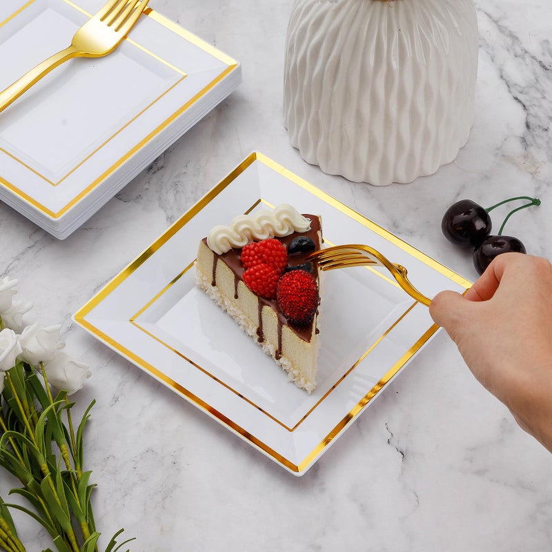 Goodluck 120PCS 6.5" Square Gold Dessert Plastic Plates with 7.4" Forks, Gold Appetizer Plates for 60 Guests, Including 60 Disposable Cake Plastic Plates and 60 Forks for Wedding/Birthday Party - Image 3