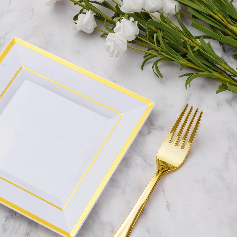 Goodluck 120PCS 6.5" Square Gold Dessert Plastic Plates with 7.4" Forks, Gold Appetizer Plates for 60 Guests, Including 60 Disposable Cake Plastic Plates and 60 Forks for Wedding/Birthday Party - Image 5