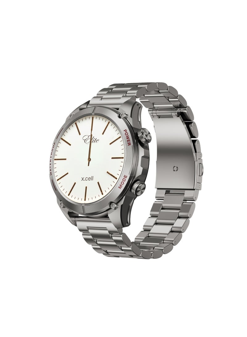 ساعة Xcell Elite8 Pro الذكية للرجال، شاشة AMOLED بحجم 1.43 بوصة، مكالمات بلوتوث، حزامين إضافيين، أكثر من 120 وضع رياضي، معدل ضربات القلب و SpO2، IP67، دعم متعدد اللغات - إطار معدني فضي مع حزام