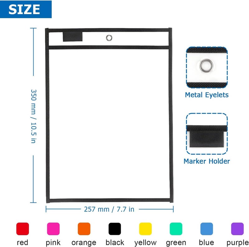 Dry Erase Pocket, 8 Assorted Colors, Ticket Holders Clear Plastic Sleeves Sheet Protectors for Classroom Supplies, School, Office, Home for Teachers, Students - Image 2