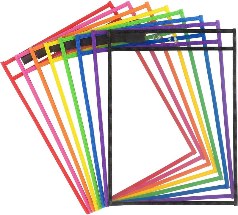 Dry Erase Pocket, 8 Assorted Colors, Ticket Holders Clear Plastic Sleeves Sheet Protectors for Classroom Supplies, School, Office, Home for Teachers, Students - Image 1
