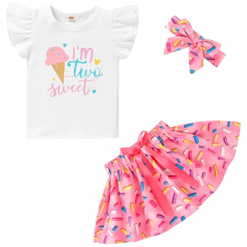 Viworld Toddler Baby Girl Clothes Two Sweet Birthday Outfit Short Sleeve Ruffle Top +Donut Skirts 2nd Birthday Outfits girl 3Pcs - Image 1