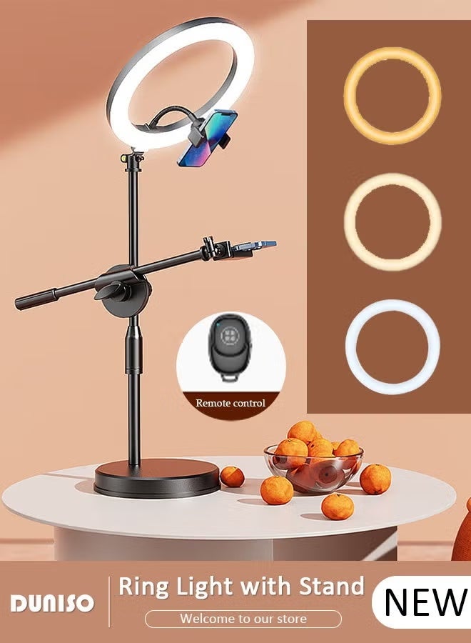 DUNISO Selfie Ring Light with Extendable Desk Stand and 2 Phone Holder, Dimmable LED Beauty Camera Ring light with Bluetooth Remote Control for Makeup, Photo Selfie, Video Recording, Live Streaming, Cooking Filming - Image 1