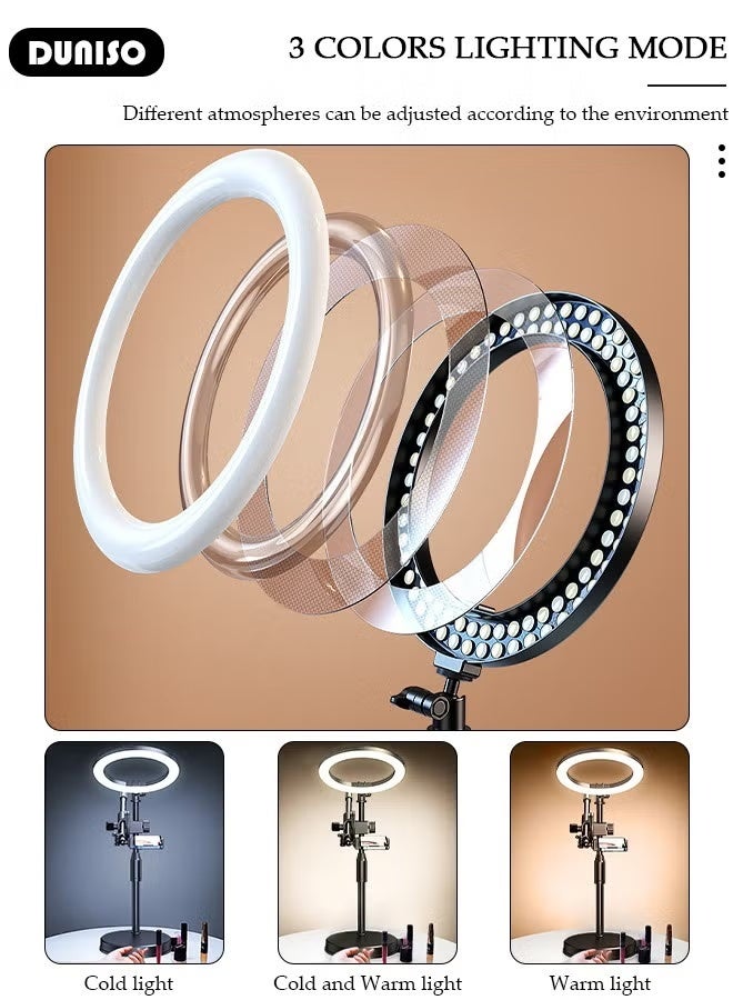 DUNISO Selfie Ring Light with Extendable Desk Stand and 2 Phone Holder, Dimmable LED Beauty Camera Ring light with Bluetooth Remote Control for Makeup, Photo Selfie, Video Recording, Live Streaming, Cooking Filming - Image 4