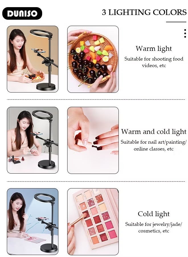 DUNISO Selfie Ring Light with Extendable Desk Stand and 2 Phone Holder, Dimmable LED Beauty Camera Ring light with Bluetooth Remote Control for Makeup, Photo Selfie, Video Recording, Live Streaming, Cooking Filming - Image 5