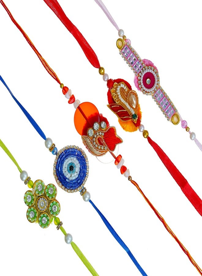 iinfinize مجموعة iinfinize مكونة من 5 قطع من Rakhis للأخ Rakhi من أجل Bhaiya Kundankari العرقية اليدوية Rakhi Pearl مع Roli Chawal Rakshabandhan Delights Raakhi - Image 1
