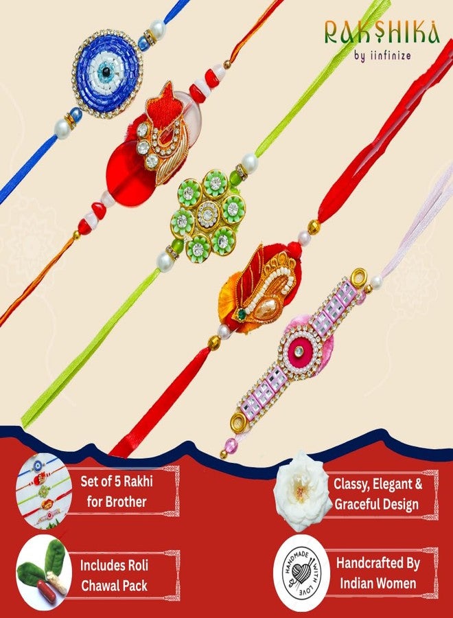 iinfinize مجموعة iinfinize مكونة من 5 قطع من Rakhis للأخ Rakhi من أجل Bhaiya Kundankari العرقية اليدوية Rakhi Pearl مع Roli Chawal Rakshabandhan Delights Raakhi - Image 3