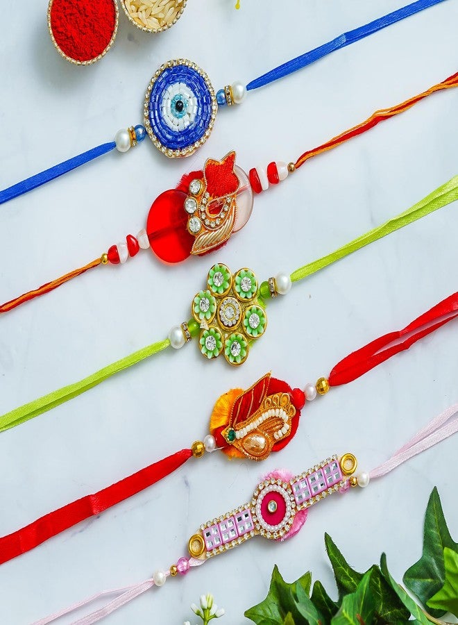 iinfinize مجموعة iinfinize مكونة من 5 قطع من Rakhis للأخ Rakhi من أجل Bhaiya Kundankari العرقية اليدوية Rakhi Pearl مع Roli Chawal Rakshabandhan Delights Raakhi - Image 2