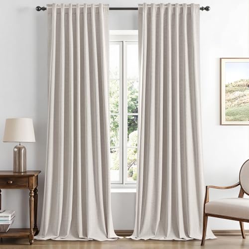 MIULEE 90 Inch Long 100% Blackout Linen Curtains for Bedroom, Ivory Solid Luxury Decor Thermal Insulation Room Darkening Drapes for Living Room Nursery Back Tab Rod Pocket 42 x 90 Inches, 2 Panels