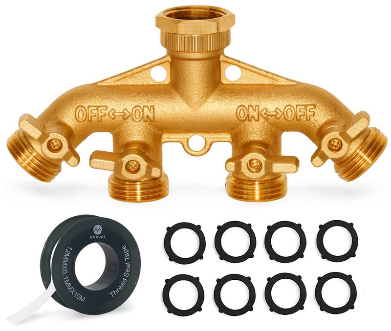 Morvat Brass 4-Way Splitter LEAD-FREE, Heavy-Duty Garden Hose Manifold Connector with Improved Comfort Grip ON/OFF Valves, Adapter for Water Faucet & Spigot, Includes 8 Washers, Teflon Tape (1-Pack) - Image 1
