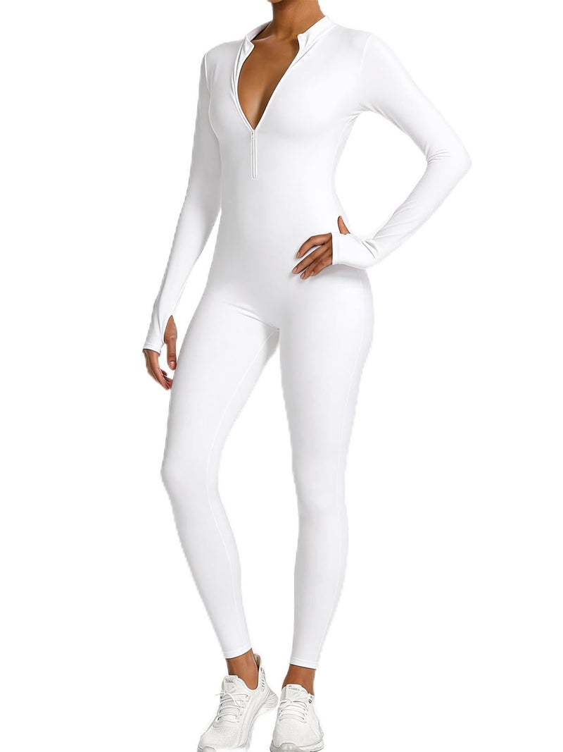 speerise Women Long Sleeve One Piece Workout Jumpsuit Romper Bodysuit Tummy Control Body Suits Jumpers thermal friendly layer for snow, ski recovery White S - Image 1