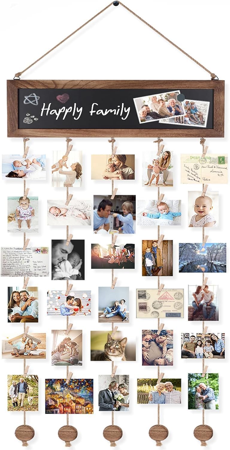 Keebofly Picture Frames Collage Photo Hanging Display Picture Board Wood Rustic Frames for Dorm Room Decor and Wall Decor with Blackboard and 30 Clips Carbonized Black - Image 1