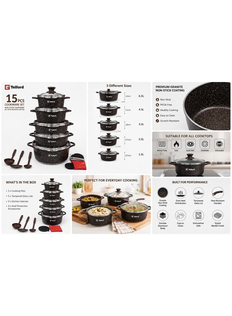 TELFORD 15 Piece Non-Stick Cookware Set with Glass Lids, Granite Coating, Aluminum Cooking Pots & Kitchen Utensils Set, Induction Compatible, Brown Marble Finish - Image 2