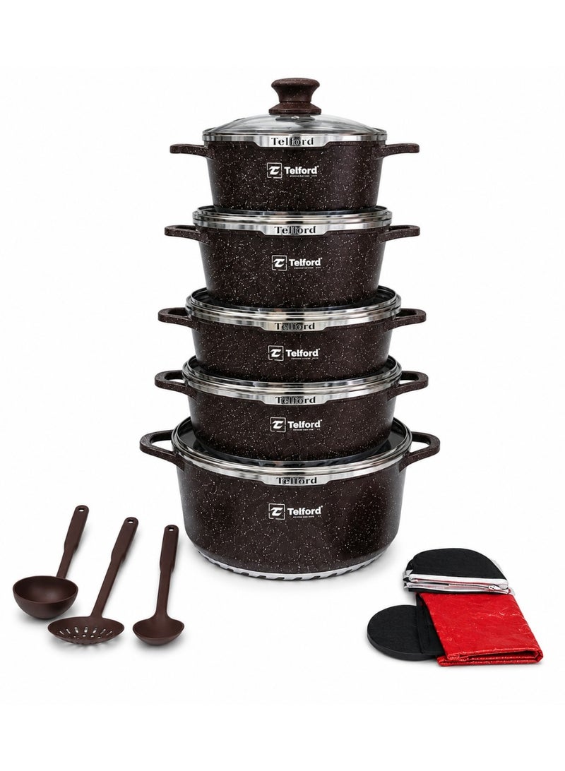 TELFORD 15 Piece Non-Stick Cookware Set with Glass Lids, Granite Coating, Aluminum Cooking Pots & Kitchen Utensils Set, Induction Compatible, Brown Marble Finish - Image 1