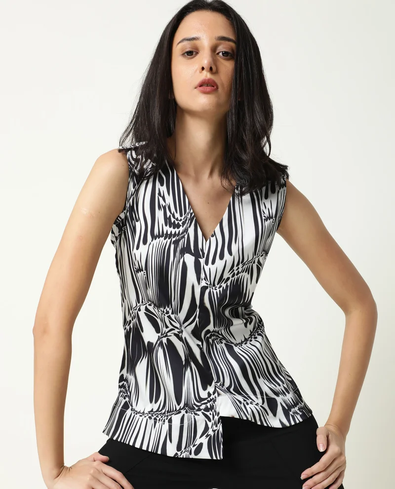 Rareism Women's Abstract Print Asymmetric Top