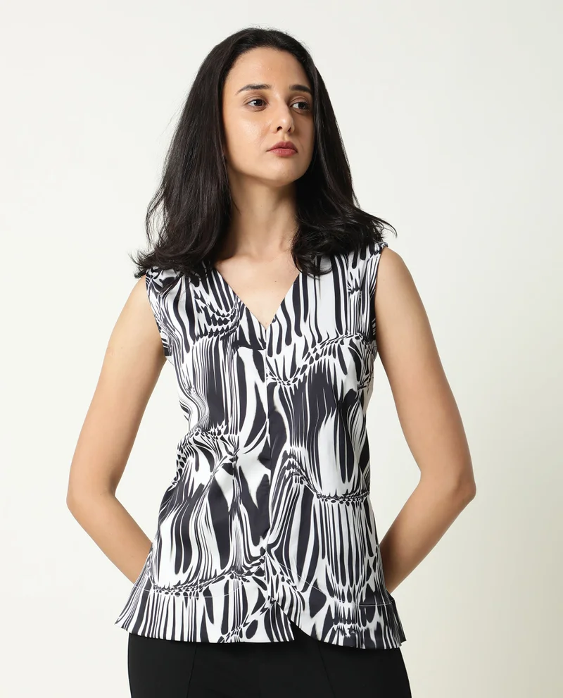 Rareism Women's Abstract Print Asymmetric Top