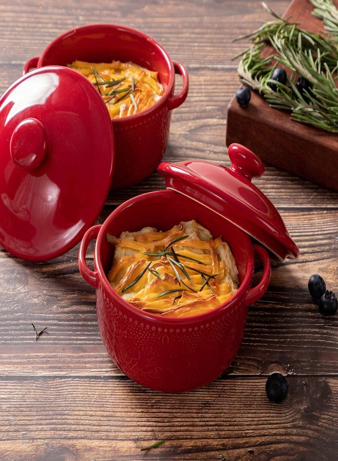 FE FUN ELEMENTS Mini Cocotte Set, 10 OZ Small Casserole Dishes with Lids, Ceramic Kitchen Casserole Sets With Handles, French Onion Soup Bowls, Soup Crocks for French Onion, Desserts, Beef Stew, Cereal, Pot Pies, Set of 4 (Red) - Image 4