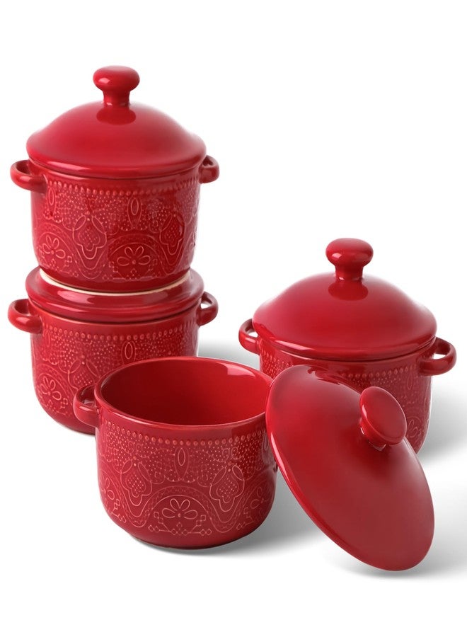 FE FUN ELEMENTS Mini Cocotte Set, 10 OZ Small Casserole Dishes with Lids, Ceramic Kitchen Casserole Sets With Handles, French Onion Soup Bowls, Soup Crocks for French Onion, Desserts, Beef Stew, Cereal, Pot Pies, Set of 4 (Red) - Image 1