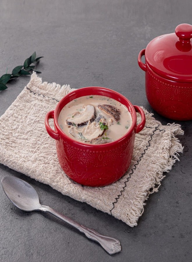 FE FUN ELEMENTS Mini Cocotte Set, 10 OZ Small Casserole Dishes with Lids, Ceramic Kitchen Casserole Sets With Handles, French Onion Soup Bowls, Soup Crocks for French Onion, Desserts, Beef Stew, Cereal, Pot Pies, Set of 4 (Red) - Image 5