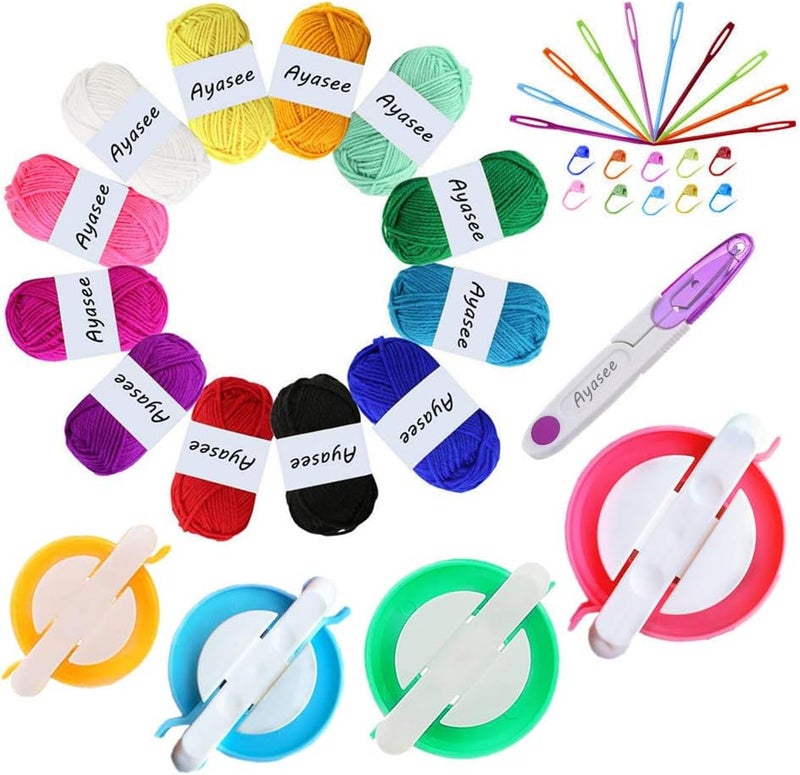 Ayasee Pompom Maker, 4 Sizes Pom pom Makers for Fluff Ball Weaver Needle Craft DIY Wool Knitting Tool Set Decoration+12PS Acrylic Yarn+10PS Knitting Stitch Markers+10PS Plastic Needles+1PS Scissors(37a) - Image 1