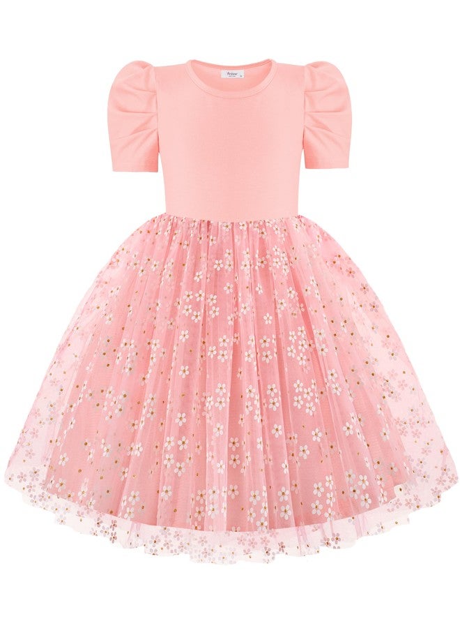 Arshiner Toddler Tutu Dresses Summer Puff Sleeve Tulle Easter Wedding Flower Party Formal Girl Dress Pink Daisy 5t - Image 1