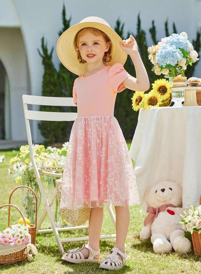 Arshiner Toddler Tutu Dresses Summer Puff Sleeve Tulle Easter Wedding Flower Party Formal Girl Dress Pink Daisy 5t - Image 5