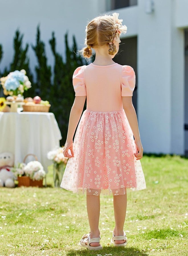 Arshiner Toddler Tutu Dresses Summer Puff Sleeve Tulle Easter Wedding Flower Party Formal Girl Dress Pink Daisy 5t - Image 3