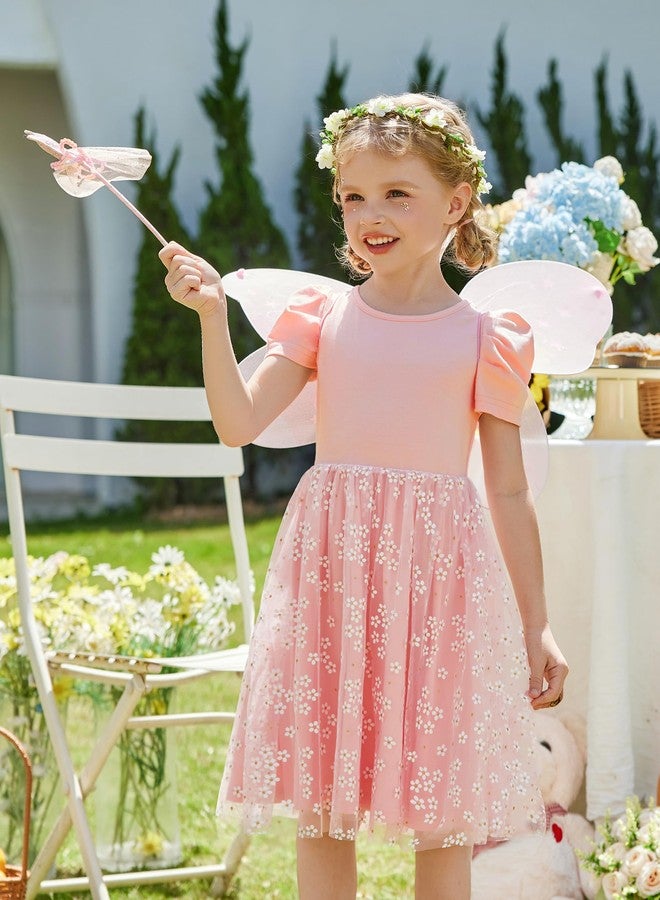 Arshiner Toddler Tutu Dresses Summer Puff Sleeve Tulle Easter Wedding Flower Party Formal Girl Dress Pink Daisy 5t - Image 2