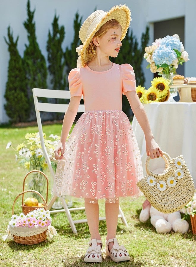 Arshiner Toddler Tutu Dresses Summer Puff Sleeve Tulle Easter Wedding Flower Party Formal Girl Dress Pink Daisy 5t - Image 4