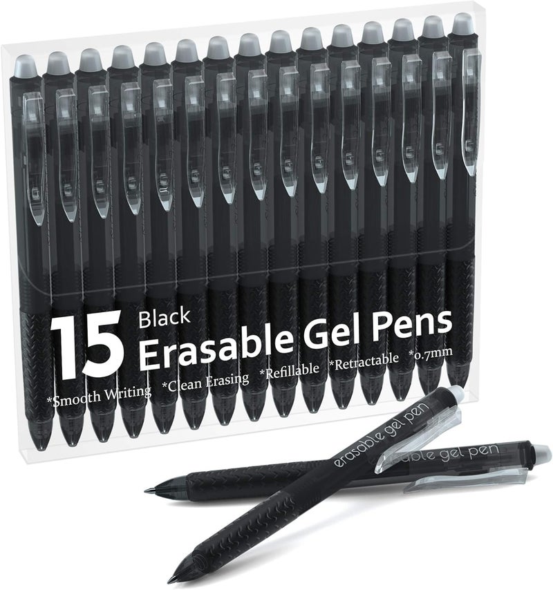 Lineon Erasable Gel Pens, 15 Pack Black Retractable Erasable Pens Clicker, Fine Point, Make Mistakes Disappear, Black Inks for Writing Planner and Crossword Puzzles… - Image 1